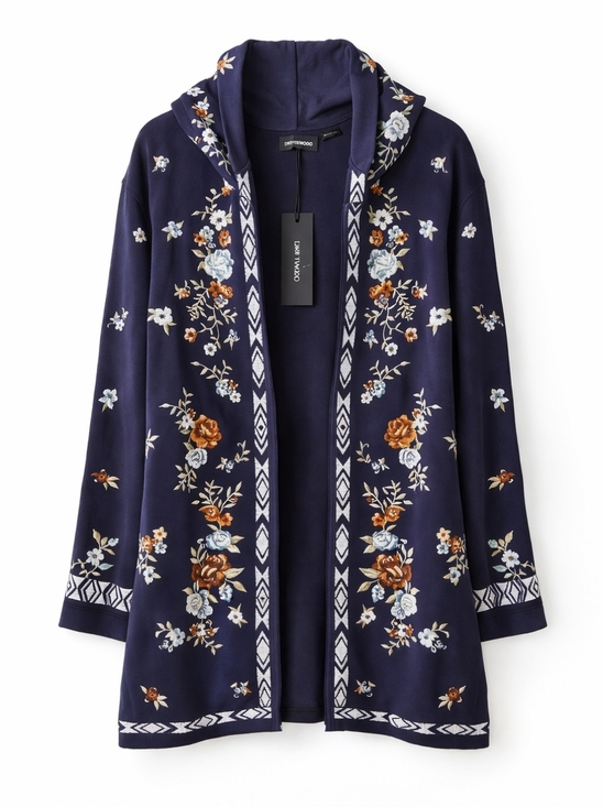 DRIFTWOOD Sweaters - NWT DRIFTWOOD Navy Shelly Floral Embroidered Hooded Cardigan, XL, Eclectic